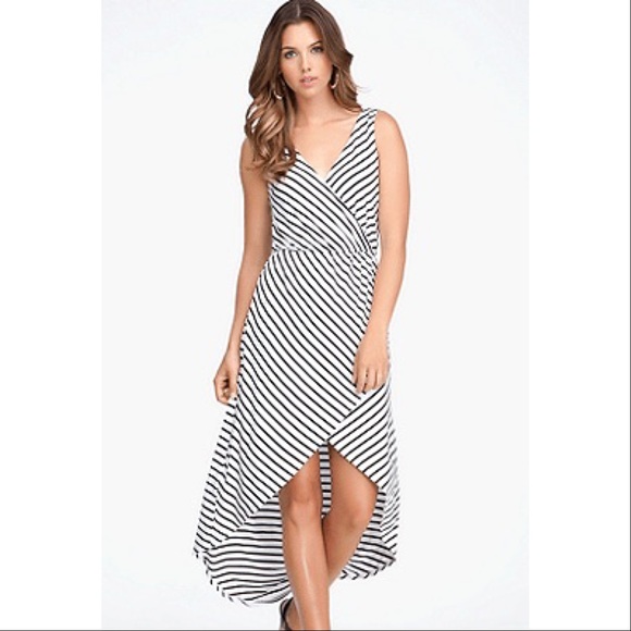 Y2K Bebe Striped Faux Wrap High Low Maxi Dress Sundress White Black Small - Picture 2 of 12
